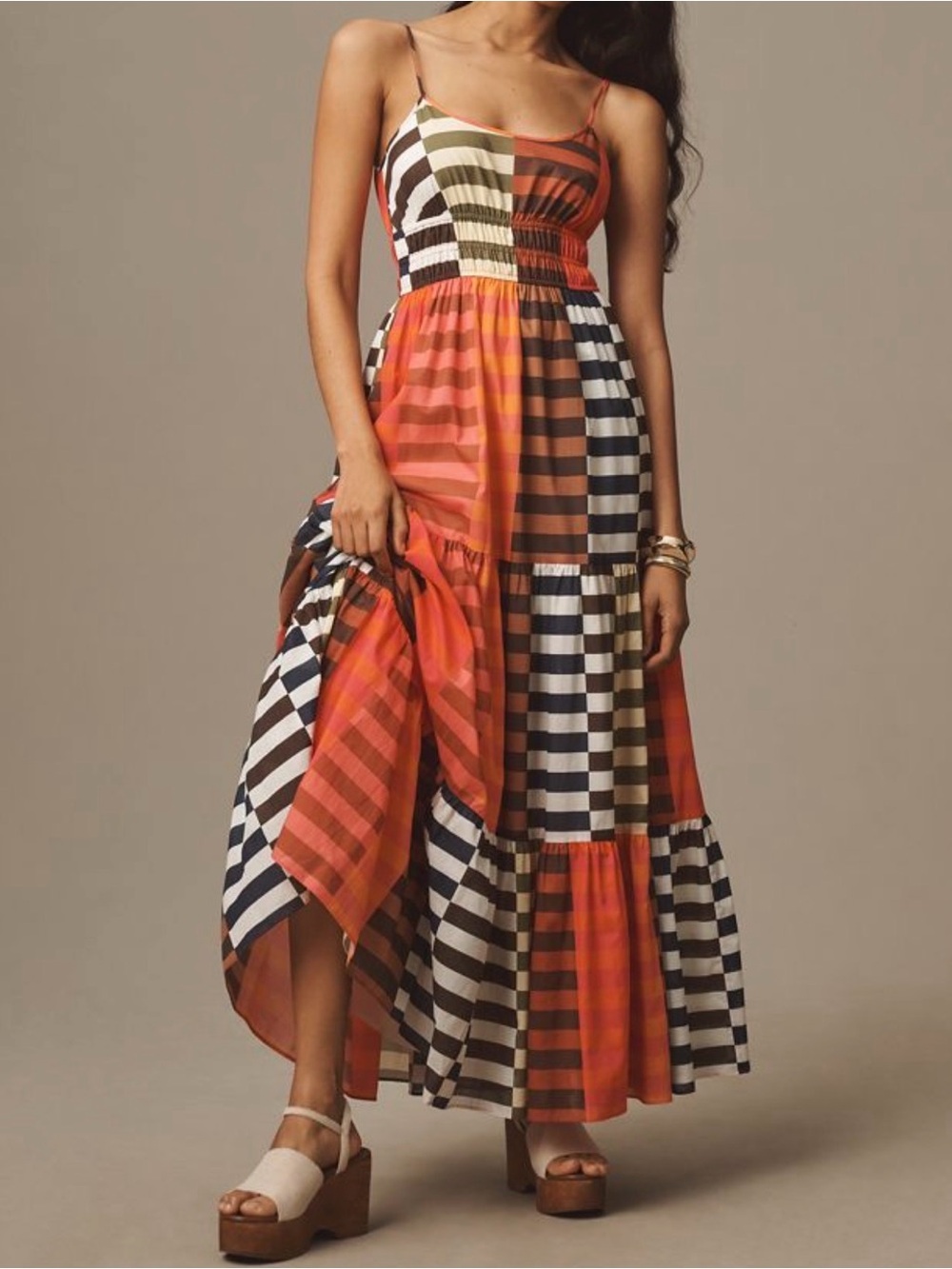 Hutch Striped Patchwork Maxi Dress in Orange, Black and Cream